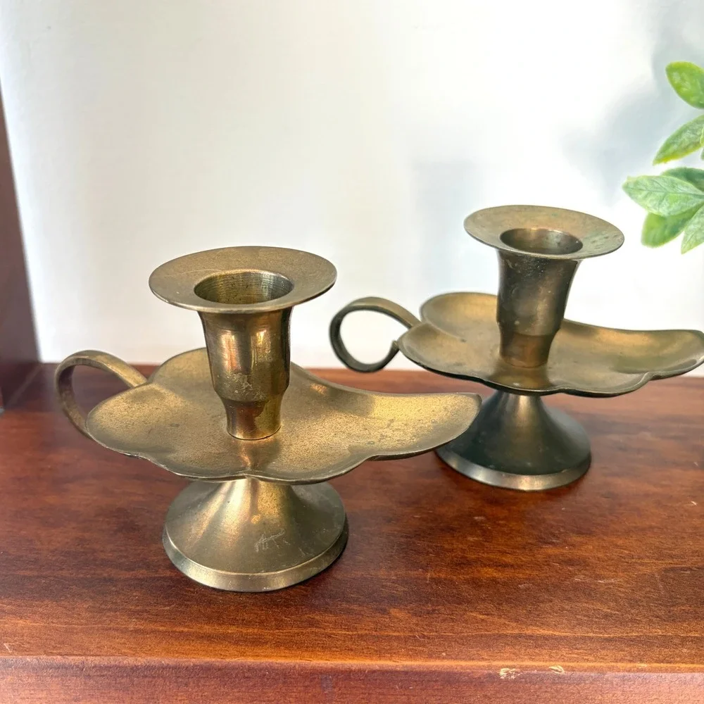 Vintage Brass Leaf Chamberstick Candle Holder Pair with Finger Loop Handle